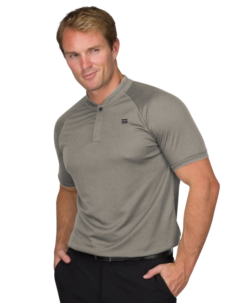 MEN'S THIN-STRIPED COLLARLESS GOLF POLOS